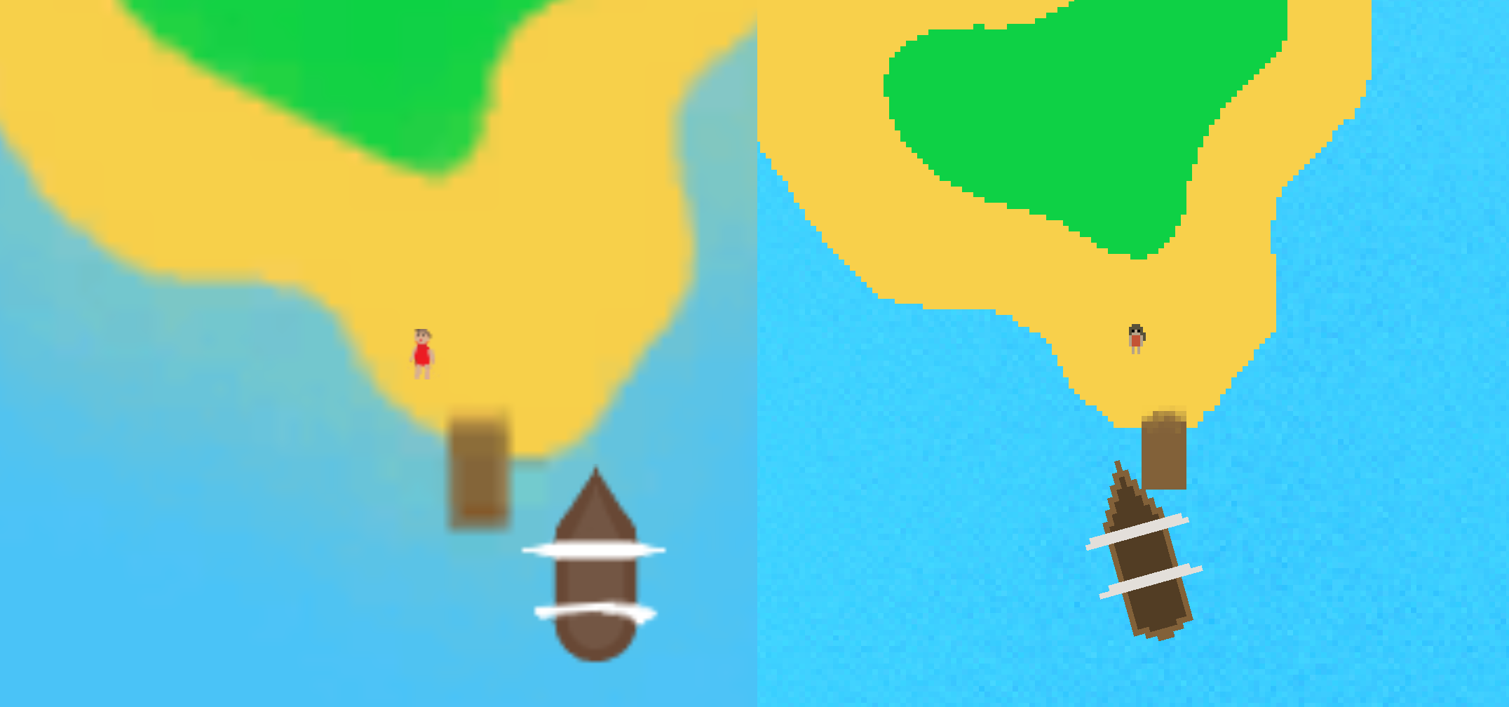 A comparison image between the original Water World on the left and the remaster on the right. Both are the same image of a top down view of a docked boat on a small island. A person in a red shirt is standing on the island.